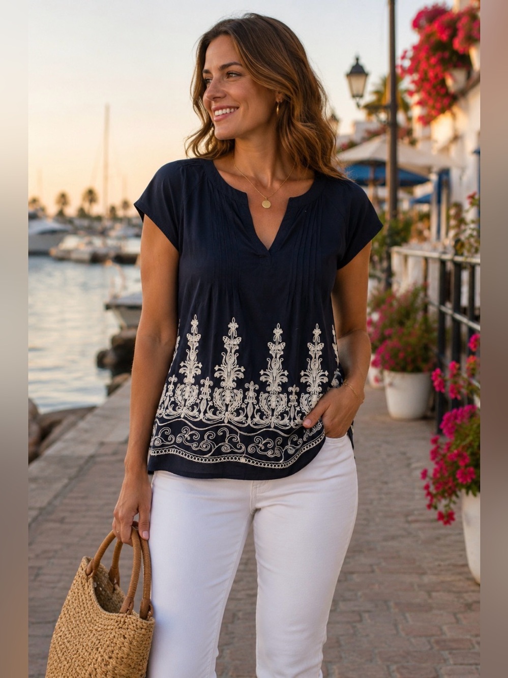 Retrology Embroidered Boho Peasant Top Womens Large Navy Ivory Tunic Blouse